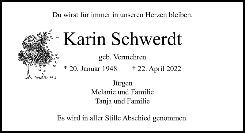  Traueranzeige für Karin Schwerdt vom 01.05.2022 aus Lübecker Nachrichten