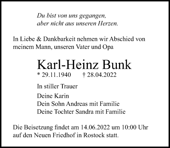 Traueranzeige von Karl-Heinz Bunk von Ostsee-Zeitung GmbH