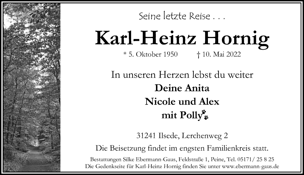 Traueranzeige für Karl-Heinz Hornig vom 14.05.2022 aus Peiner Allgemeine Zeitung