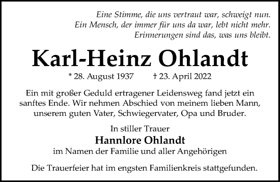 Traueranzeige von Karl-Heinz Ohlandt von Hannoversche Allgemeine Zeitung/Neue Presse
