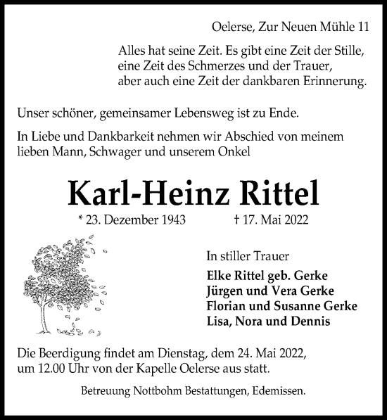 Traueranzeige von Karl-Heinz Rittel von Peiner Allgemeine Zeitung