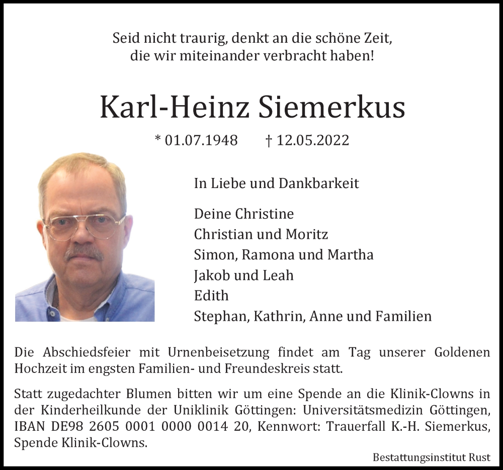  Traueranzeige für Karl-Heinz Siemerkus vom 20.05.2022 aus Göttinger Tageblatt