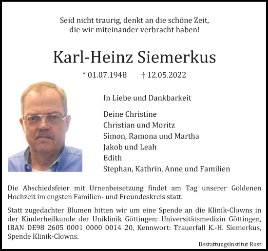 Traueranzeige von Karl-Heinz Siemerkus von Göttinger Tageblatt
