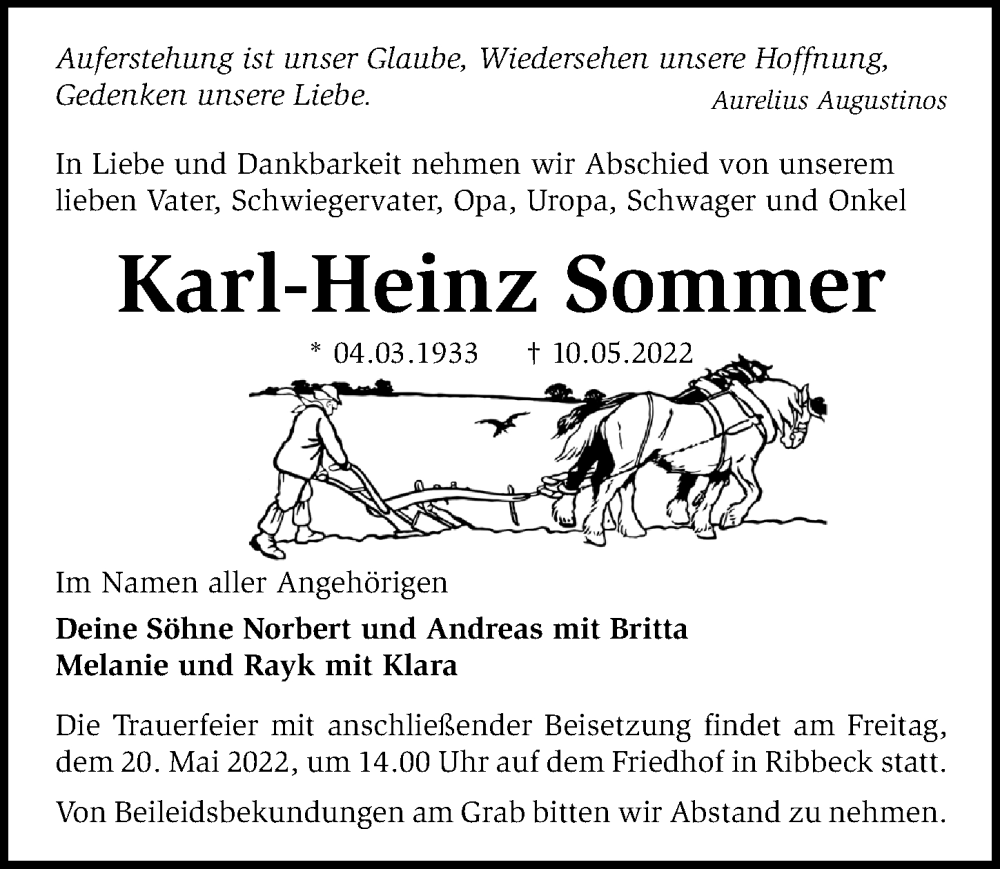  Traueranzeige für Karl-Heinz Sommer vom 14.05.2022 aus Märkischen Allgemeine Zeitung