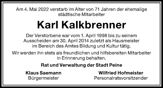 Traueranzeige von Karl Kalkbrenner von Peiner Allgemeine Zeitung