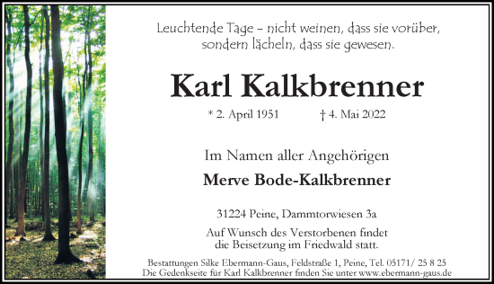 Traueranzeige von Karl Kalkbrenner von Peiner Allgemeine Zeitung