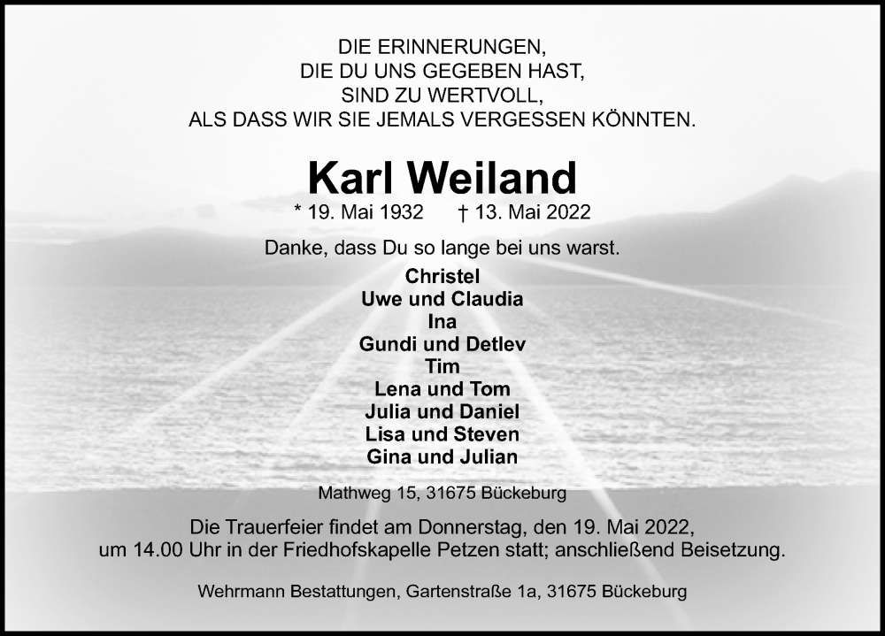  Traueranzeige für Karl Weiland vom 17.05.2022 aus Schaumburger Nachrichten