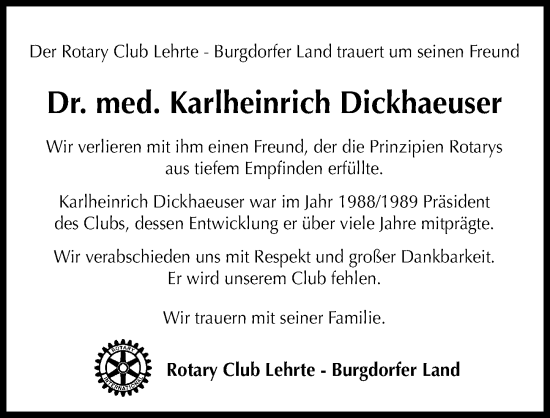 Traueranzeige von Karlheinrich Dickhaeuser von Hannoversche Allgemeine Zeitung/Neue Presse