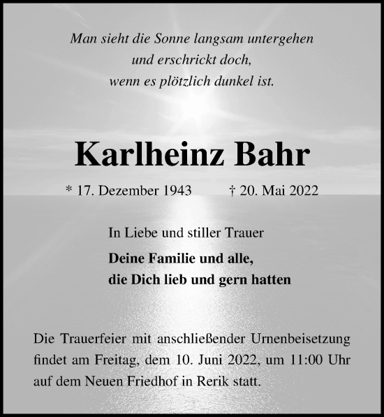 Traueranzeige von Karlheinz Bahr von Ostsee-Zeitung GmbH