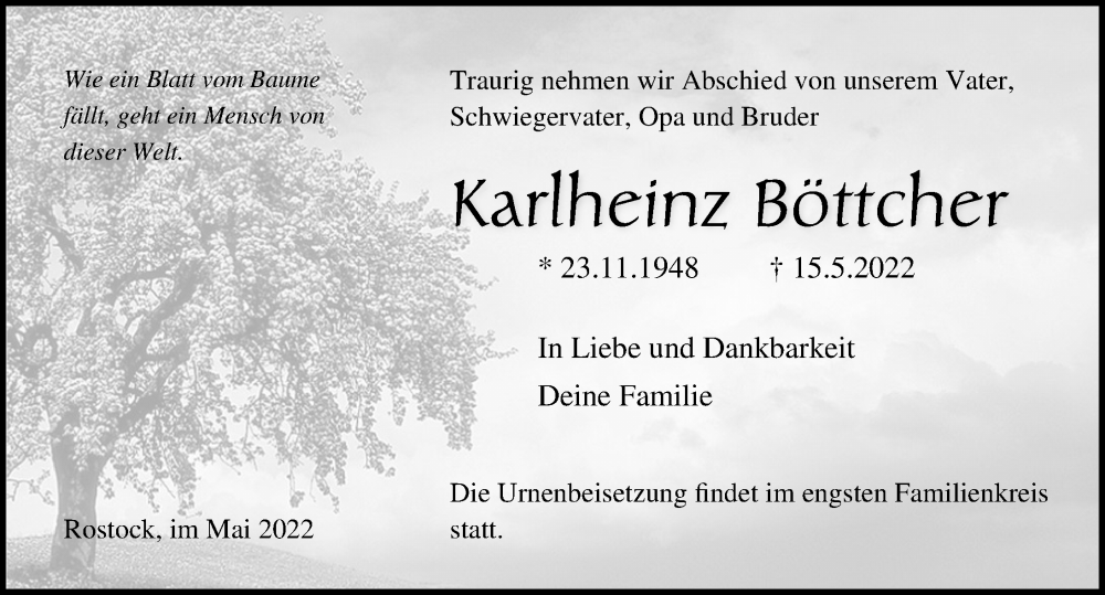  Traueranzeige für Karlheinz Böttcher vom 21.05.2022 aus Ostsee-Zeitung GmbH