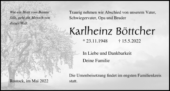 Traueranzeige von Karlheinz Böttcher von Ostsee-Zeitung GmbH