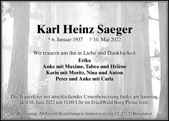 Traueranzeige von Karl Heinz Saeger von Göttinger Tageblatt