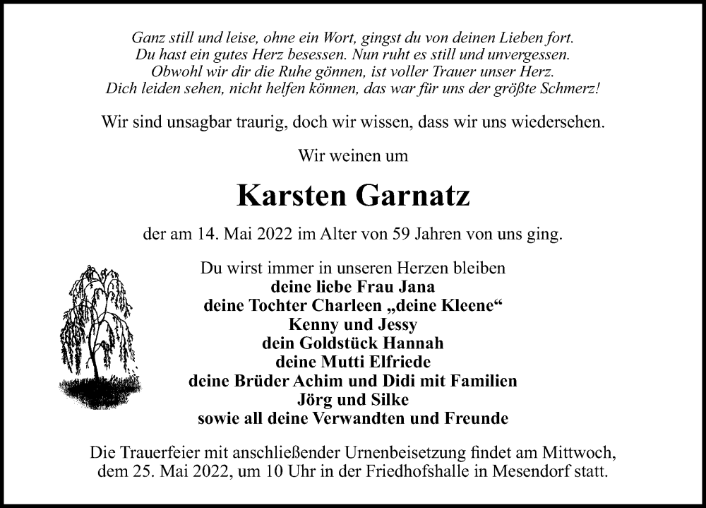  Traueranzeige für Karsten Garnatz vom 18.05.2022 aus Märkischen Allgemeine Zeitung