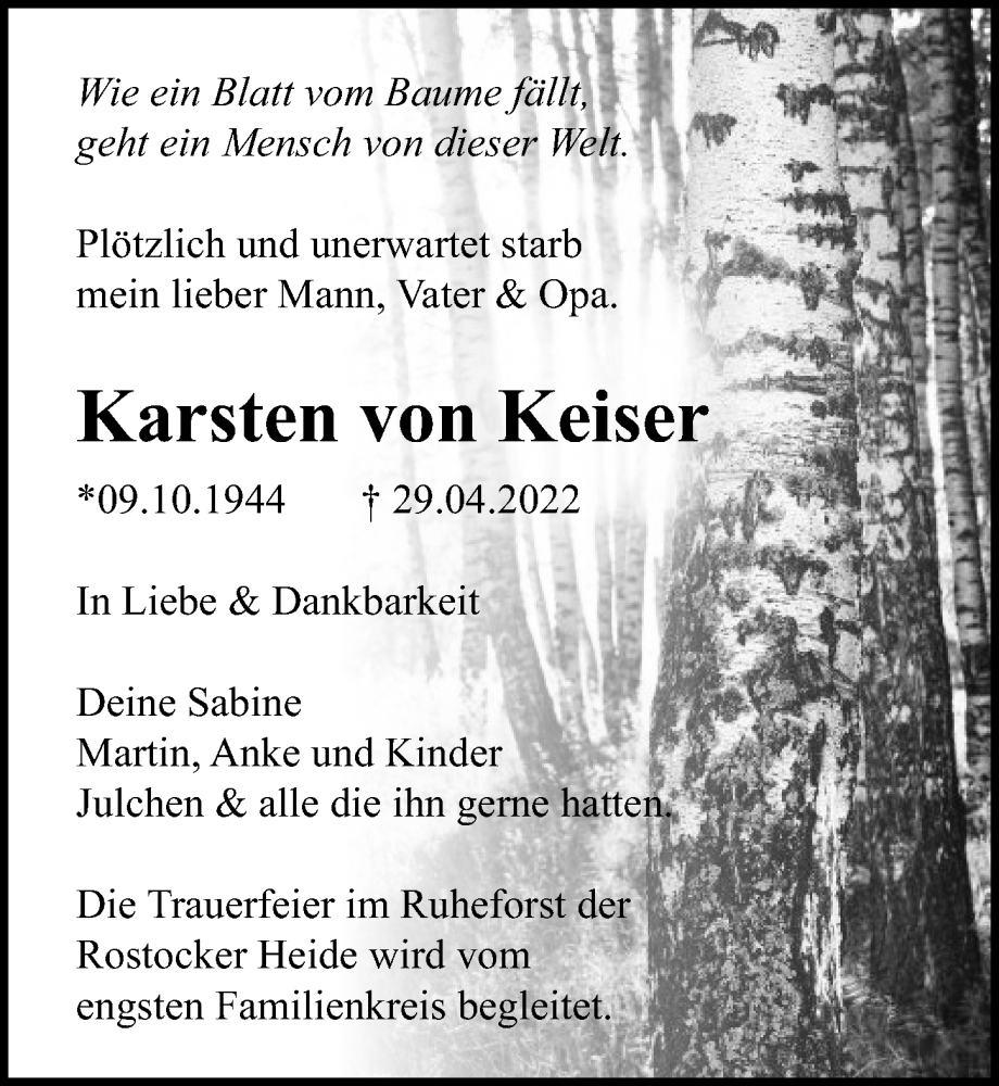  Traueranzeige für Karsten von Keiser vom 07.05.2022 aus Ostsee-Zeitung GmbH