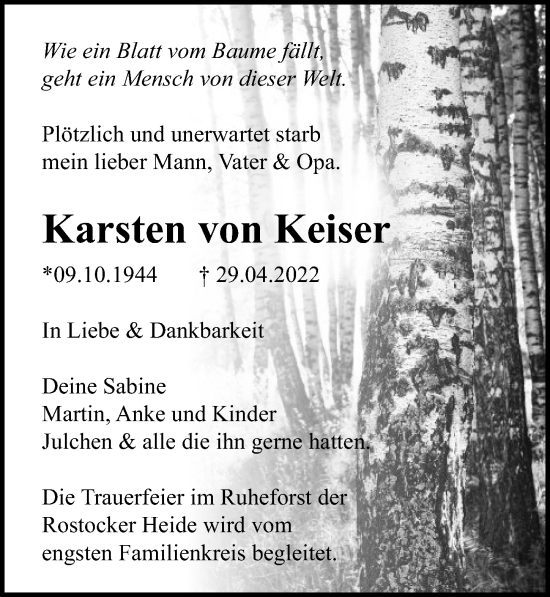 Traueranzeige von Karsten von Keiser von Ostsee-Zeitung GmbH