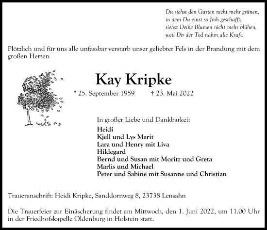 Traueranzeige von Kay Kripke von Lübecker Nachrichten