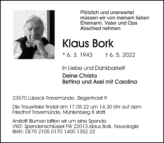 Traueranzeige von Klaus Bork von Lübecker Nachrichten