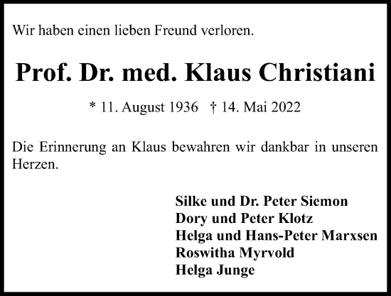Traueranzeige von Klaus Christiani von Kieler Nachrichten