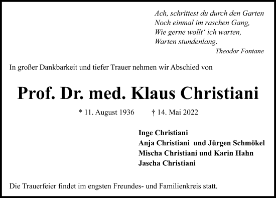 Traueranzeige von Klaus Christiani von Kieler Nachrichten