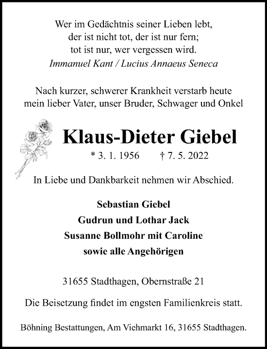 Traueranzeige von Klaus-Dieter Giebel von Schaumburger Nachrichten