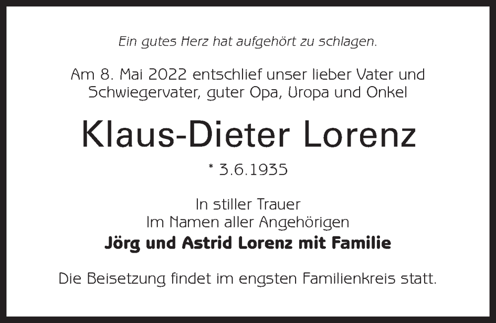  Traueranzeige für Klaus-Dieter Lorenz vom 21.05.2022 aus Märkischen Allgemeine Zeitung