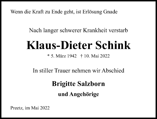 Traueranzeige von Klaus-Dieter Schink von Kieler Nachrichten