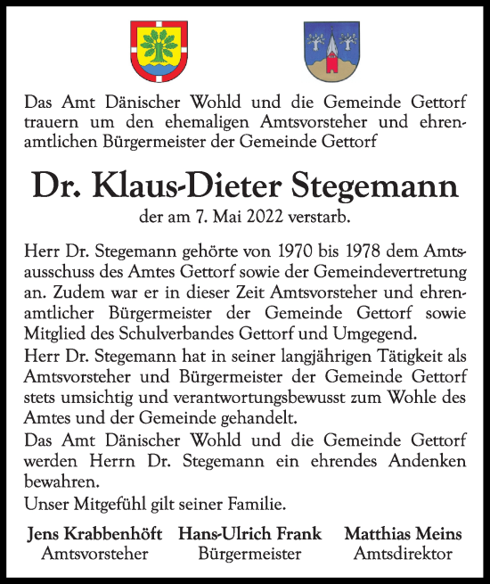 Traueranzeige von Klaus-Dieter Stegemann von Kieler Nachrichten