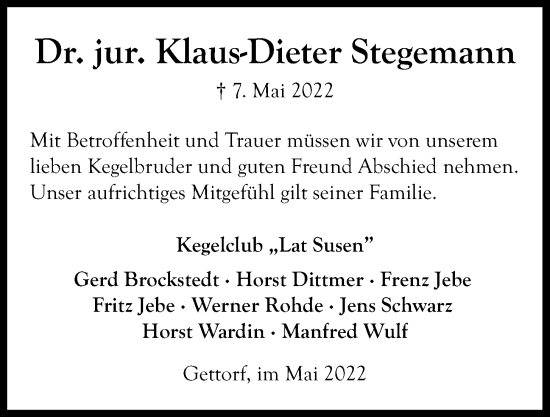 Traueranzeige von Klaus-Dieter Stegemann von Kieler Nachrichten