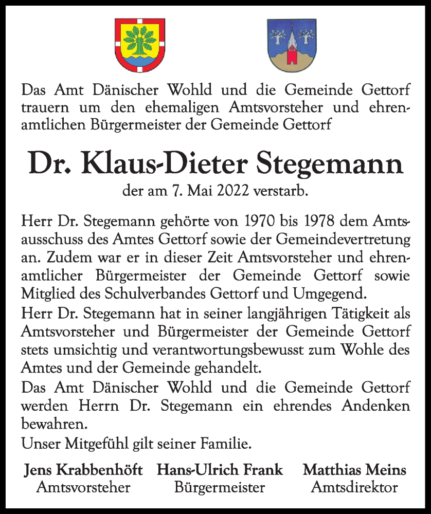  Traueranzeige für Klaus-Dieter Stegemann vom 14.05.2022 aus Kieler Nachrichten