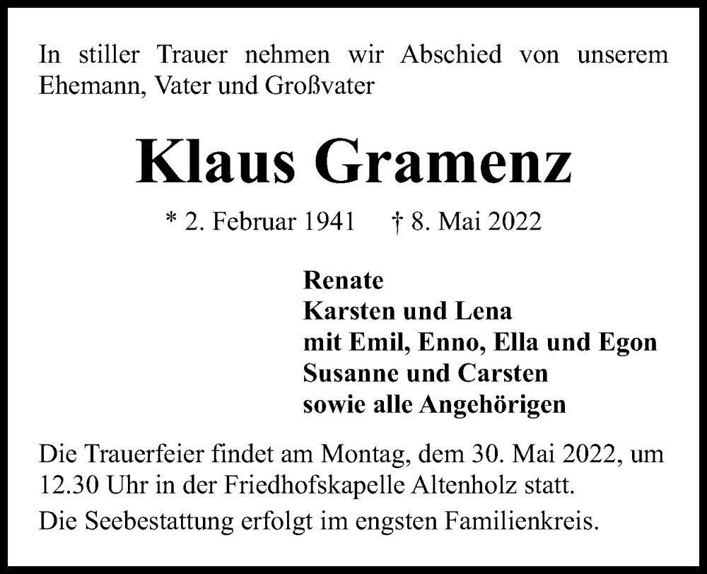  Traueranzeige für Klaus Gramenz vom 14.05.2022 aus Kieler Nachrichten