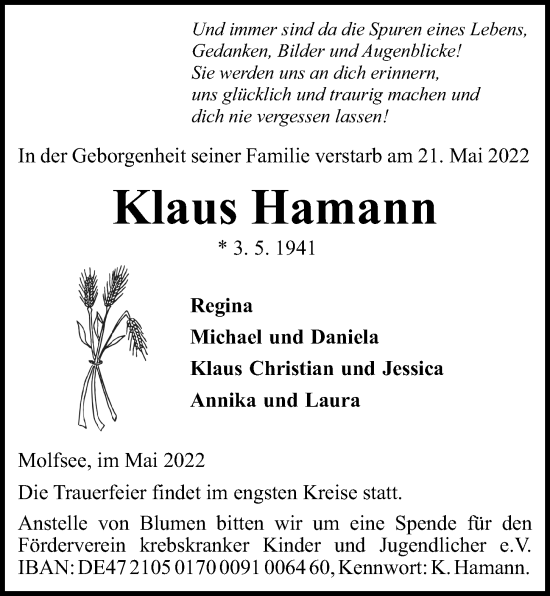 Traueranzeige von Klaus Hamann von Kieler Nachrichten