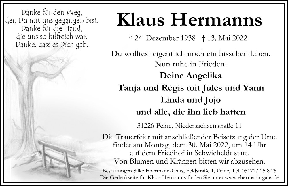  Traueranzeige für Klaus Hermanns vom 21.05.2022 aus Peiner Allgemeine Zeitung