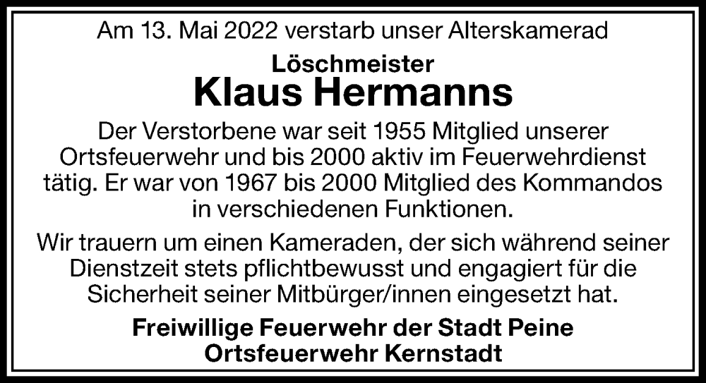  Traueranzeige für Klaus Hermanns vom 30.05.2022 aus Peiner Allgemeine Zeitung