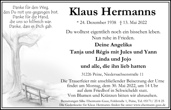 Traueranzeige von Klaus Hermanns von Peiner Allgemeine Zeitung