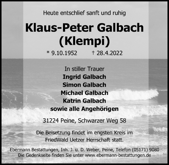 Traueranzeige von Klaus-Peter Galbach von Peiner Allgemeine Zeitung