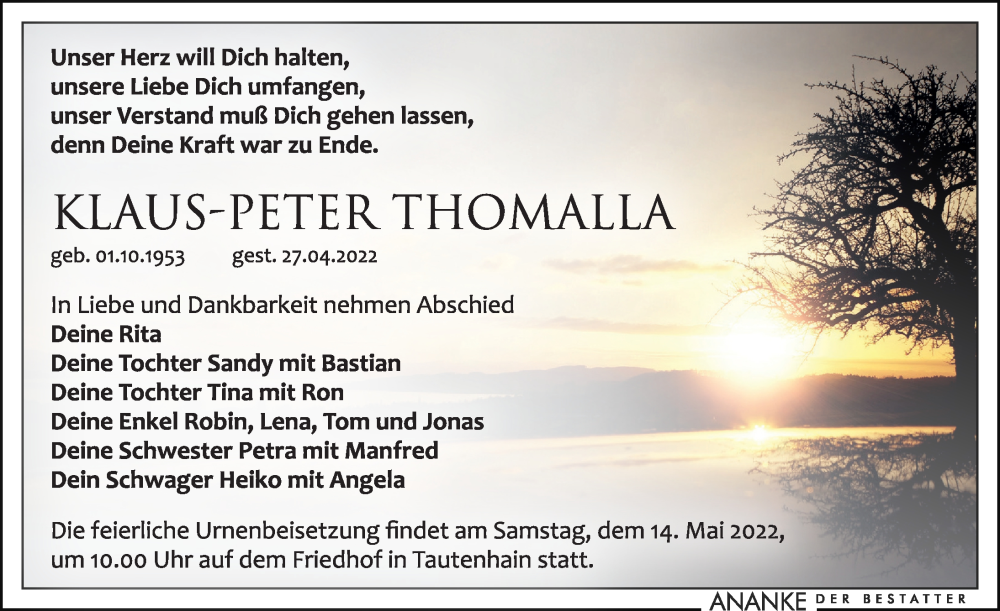  Traueranzeige für Klaus-Peter Thomalla vom 07.05.2022 aus Leipziger Volkszeitung