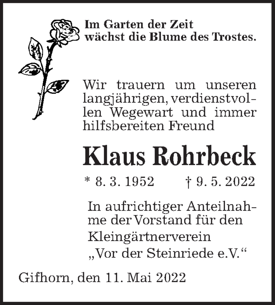 Traueranzeige für Klaus Rohrbeck vom 14.05.2022 aus Aller Zeitung