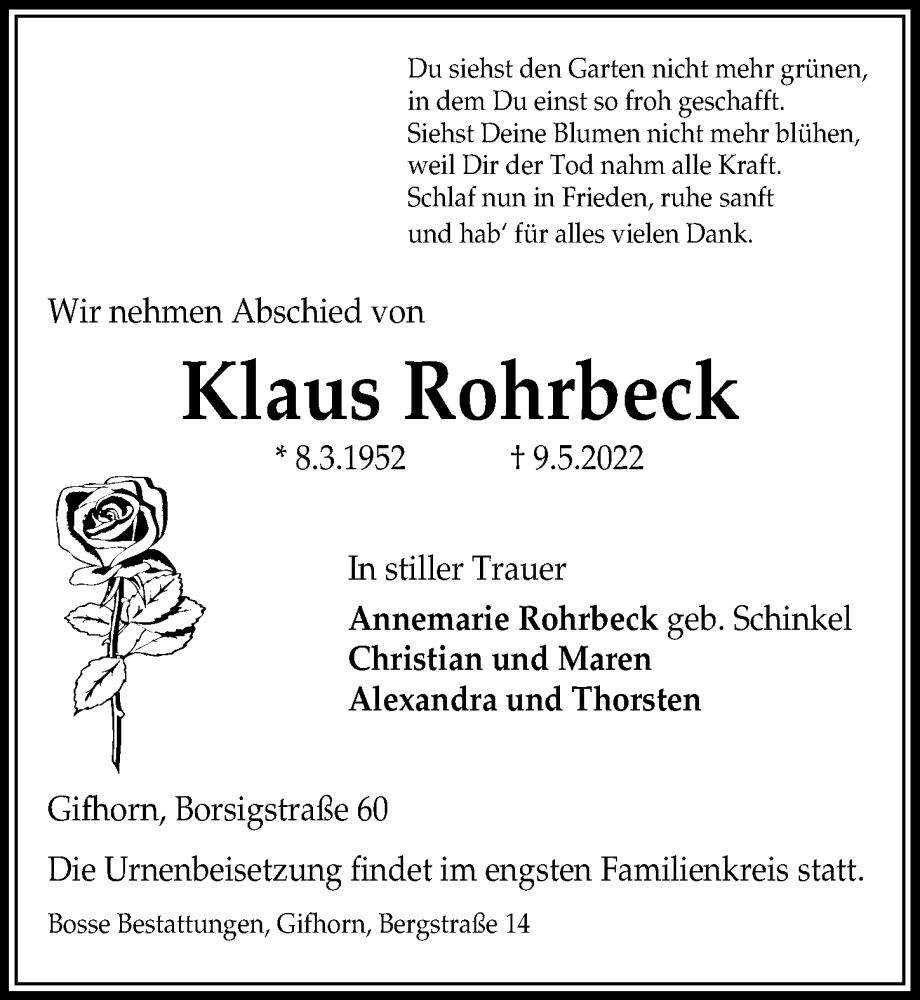  Traueranzeige für Klaus Rohrbeck vom 14.05.2022 aus Aller Zeitung
