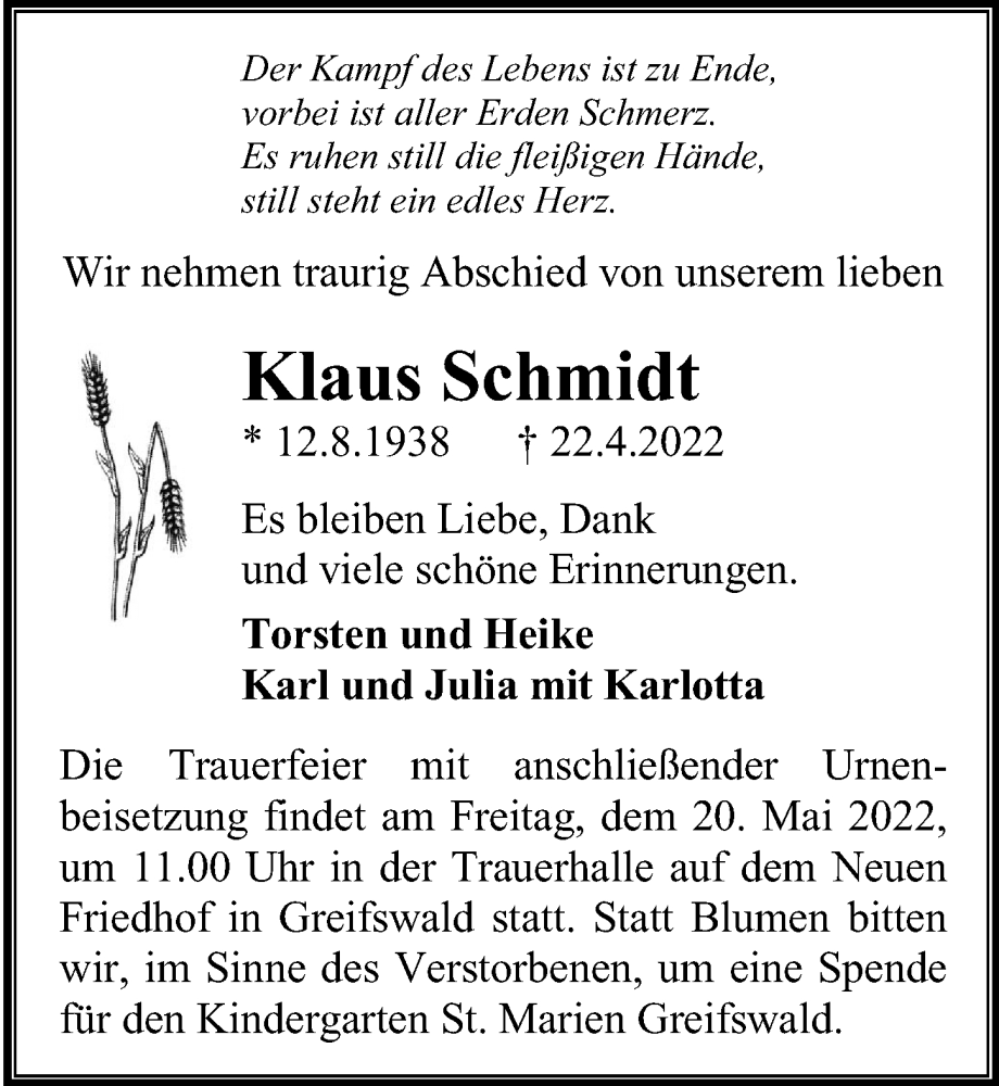  Traueranzeige für Klaus Schmidt vom 07.05.2022 aus Ostsee-Zeitung GmbH