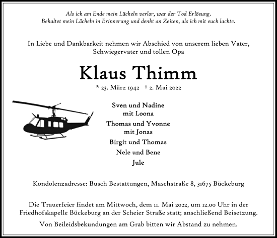 Traueranzeige von Klaus Thimm von Schaumburger Nachrichten