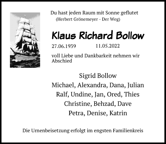 Traueranzeige von Klaus Richard Bollow von Kieler Nachrichten