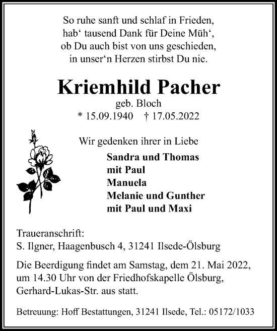 Traueranzeige von Kriemhild Pacher von Peiner Allgemeine Zeitung