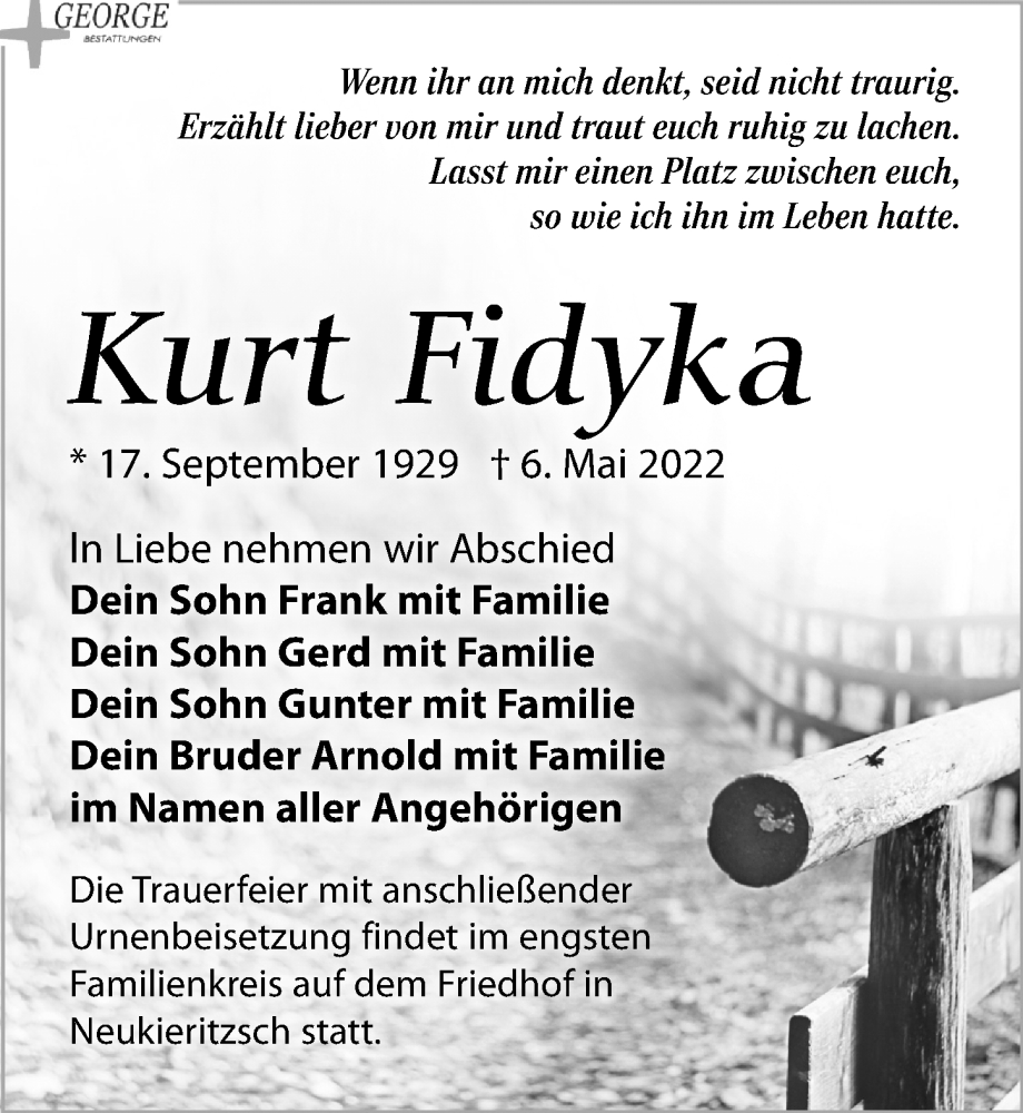 Traueranzeige für Kurt Fidyka vom 14.05.2022 aus Leipziger Volkszeitung
