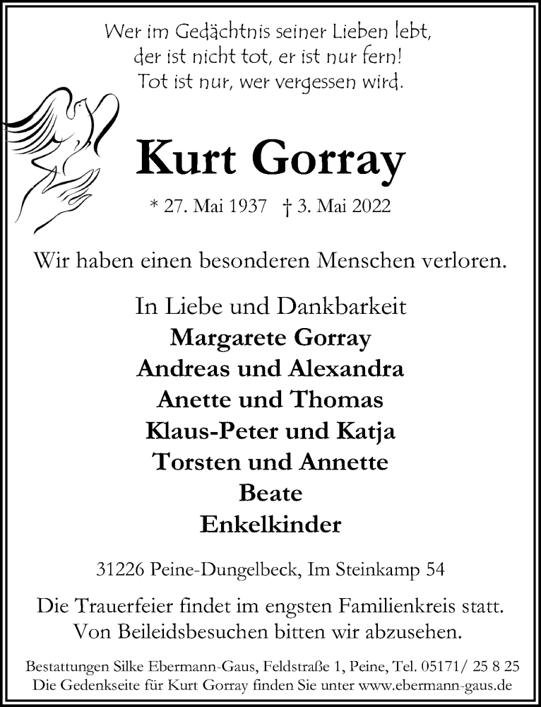  Traueranzeige für Kurt Gorray vom 07.05.2022 aus Peiner Allgemeine Zeitung