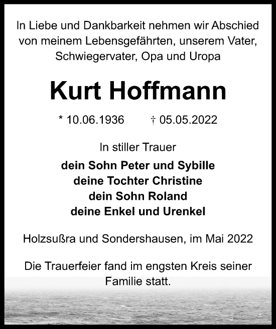 Traueranzeige von Kurt Hoffmann von Ostsee-Zeitung GmbH