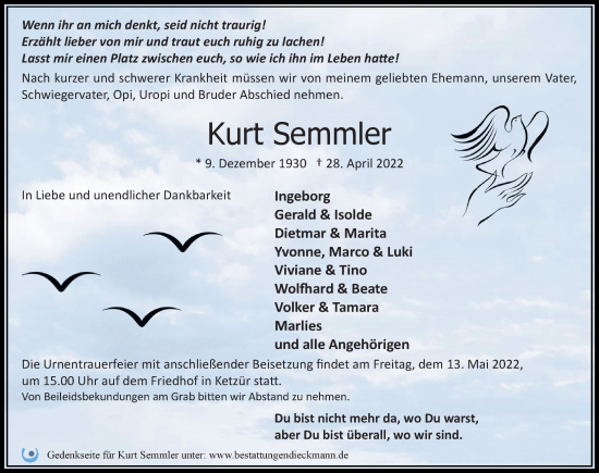 Traueranzeige von Kurt Semmler von Märkischen Allgemeine Zeitung