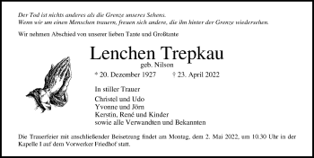 Traueranzeige von Lenchen Trepkau von Lübecker Nachrichten