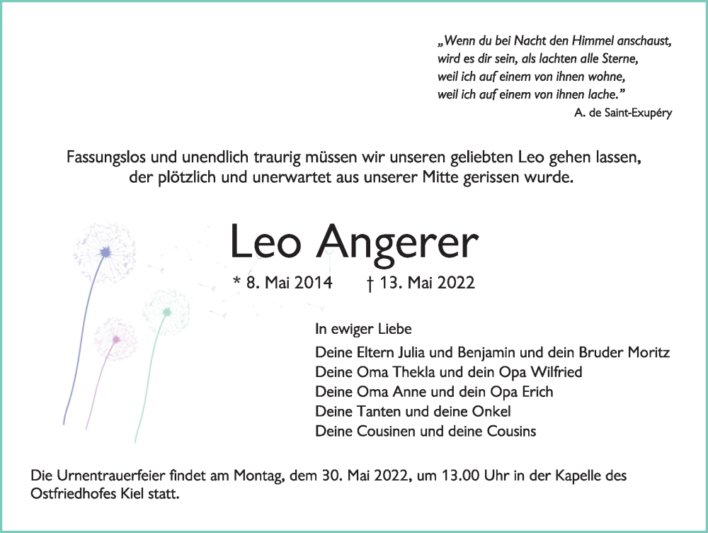  Traueranzeige für Leo Angerer vom 25.05.2022 aus Kieler Nachrichten