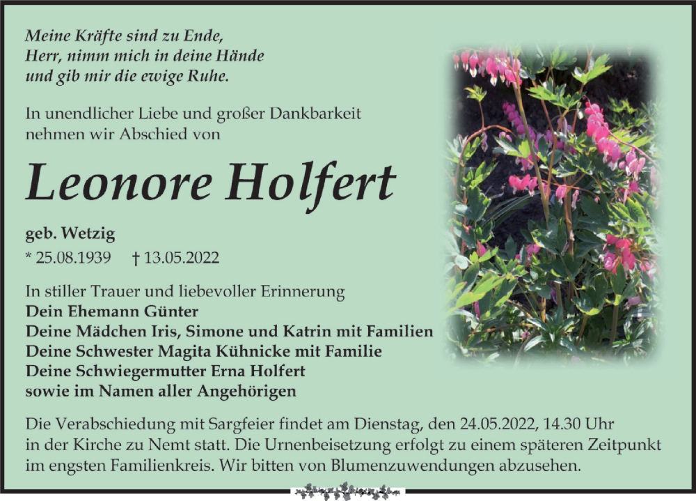  Traueranzeige für Leonore Holfert vom 21.05.2022 aus Leipziger Volkszeitung
