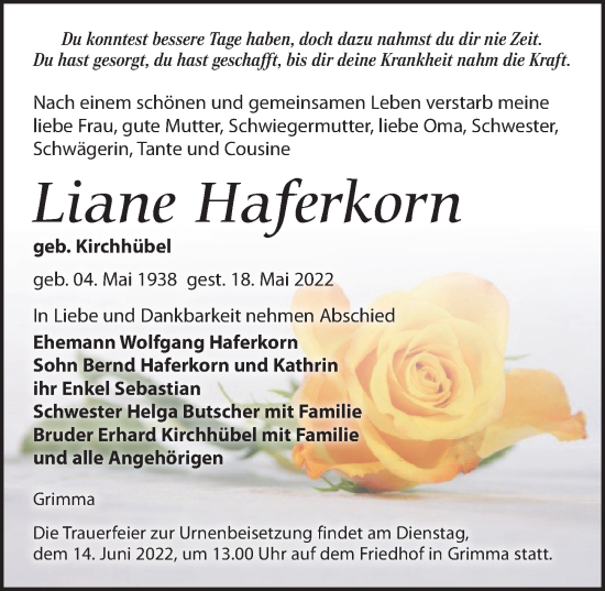 Traueranzeige von Liane Haferkorn von Leipziger Volkszeitung